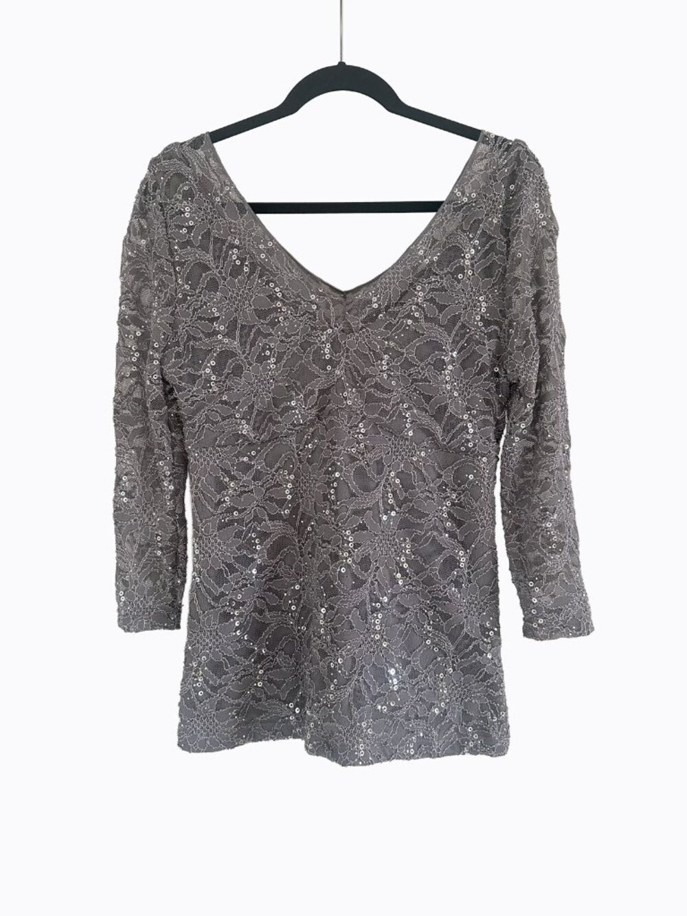 Boston Proper Gray Lace Sequin Double V-Neck Top L Babydoll Whimsigoth Fairy Y2K